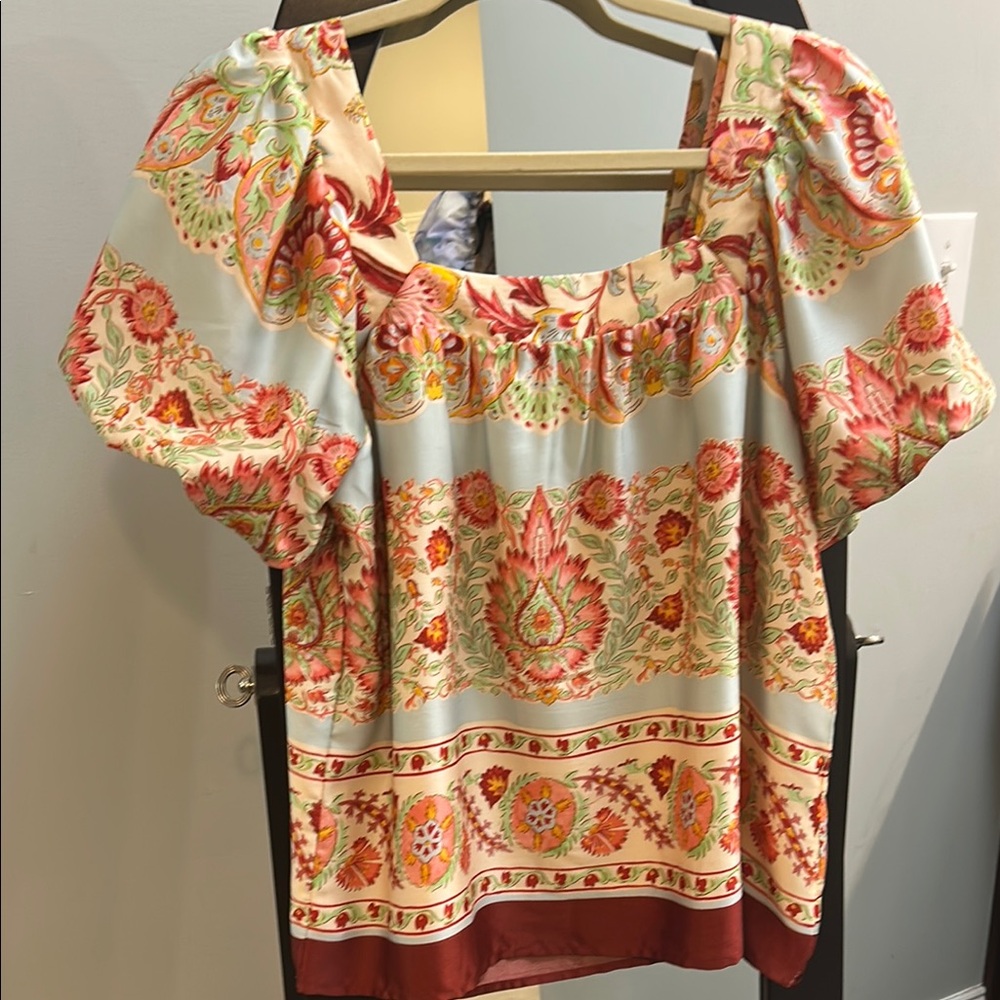 Joy Joy Ruffled Puff Sleeve Blouse in Orange and Red